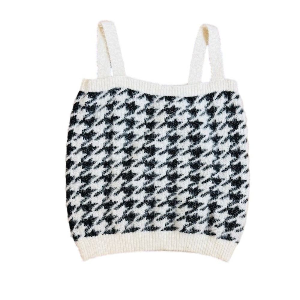 Houndstooth Knit Sweater Tank Top — Black & White Size Medium
